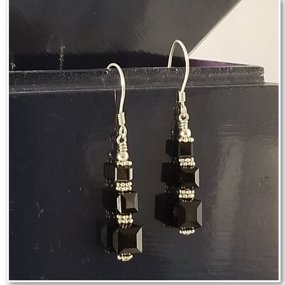 Black Square Swarovski & Sterling Silver Earrings - Picture 7 of 9
